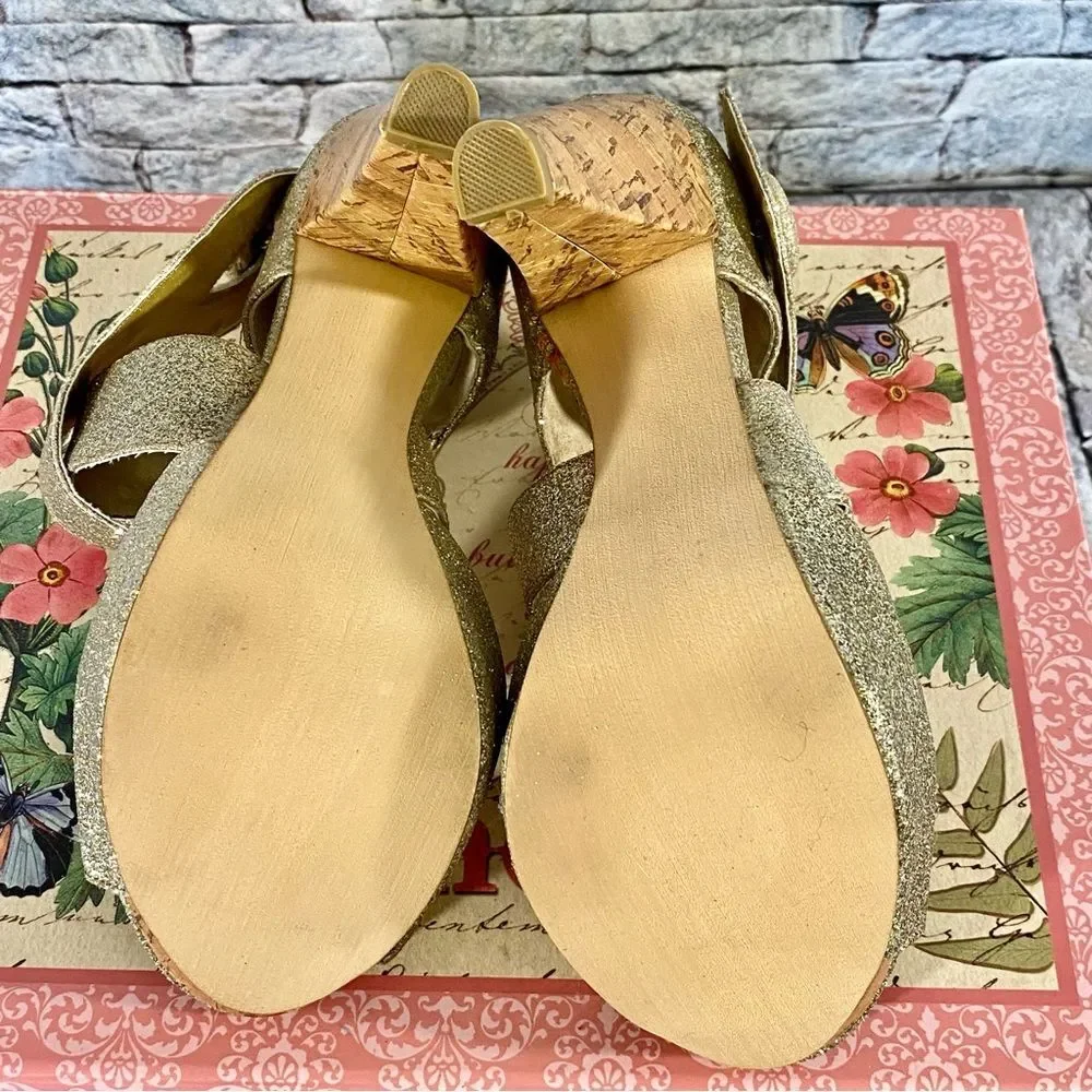 Kaya Gold Glitter Heels Platform Cork Wedge Dance Party New Years Eve SZ 6